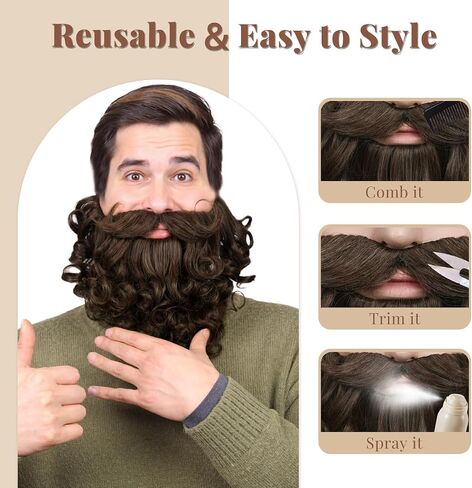 Honcloud Men's 8 Inches Curly Brown Realistic & Fluffy Fake Beard For Wizard Costume Party and Halloween(Brown) in Saudi Arabia