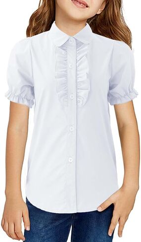 Girls Short Sleeve Button Down Shirts Ruffle School Uniform Crop Tops Peter Pan Collar Plaid Blouse 4-13Y in Saudi Arabia