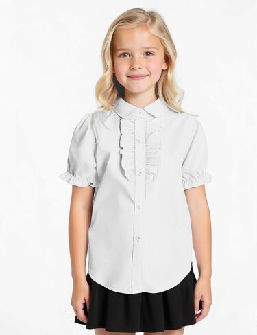 Girls Short Sleeve Button Down Shirts Ruffle School Uniform Crop Tops Peter Pan Collar Plaid Blouse 4-13Y in Saudi Arabia