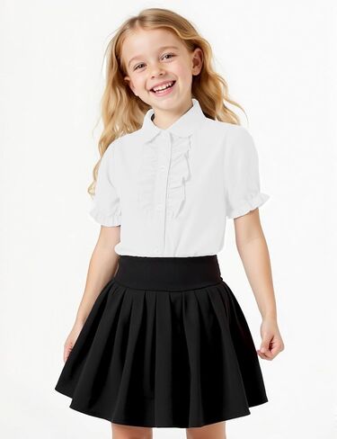 Girls Short Sleeve Button Down Shirts Ruffle School Uniform Crop Tops Peter Pan Collar Plaid Blouse 4-13Y in Saudi Arabia
