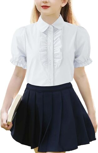 Girls Short Sleeve Button Down Shirts Ruffle School Uniform Crop Tops Peter Pan Collar Plaid Blouse 4-13Y in Saudi Arabia