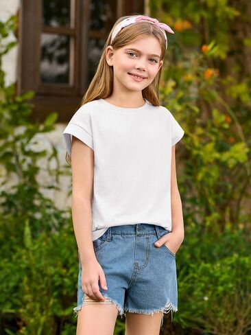 Haloumoning Girls Summer Cap Sleeve Shirts Kids Casual Cute Crewneck Tunic Tops Tees 5-14 Years in Saudi Arabia