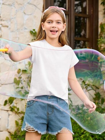Haloumoning Girls Summer Cap Sleeve Shirts Kids Casual Cute Crewneck Tunic Tops Tees 5-14 Years in Saudi Arabia