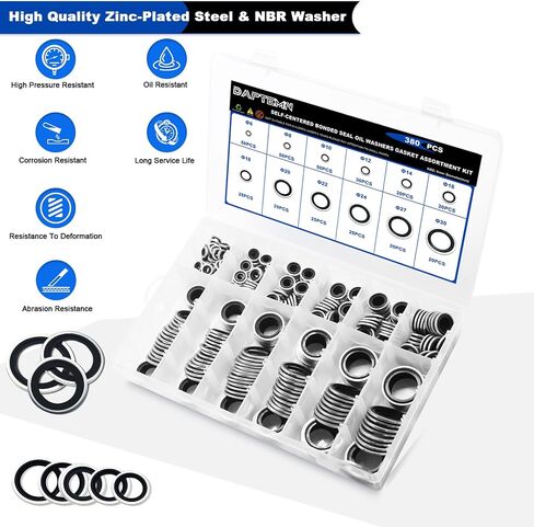 165PCS Bonded Sealing Washers, NBR Metric Zinc-Plated Steel Self-Centred Sealing Rubber Washers, Automotive Seal Gasket Crush O-Ring Assortment Kit Set M6 to M24 in Saudi Arabia