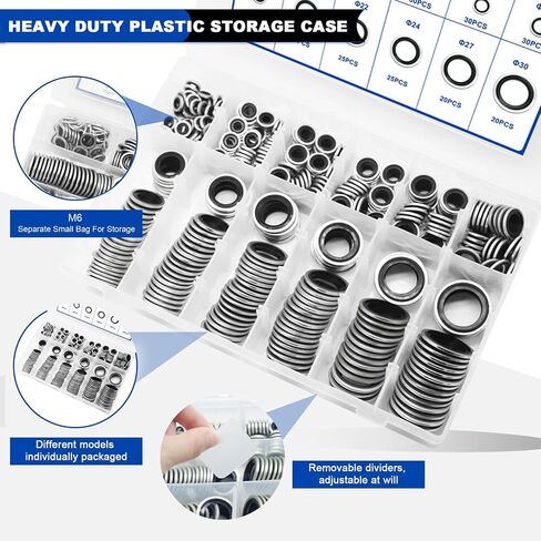 165PCS Bonded Sealing Washers, NBR Metric Zinc-Plated Steel Self-Centred Sealing Rubber Washers, Automotive Seal Gasket Crush O-Ring Assortment Kit Set M6 to M24 in Saudi Arabia