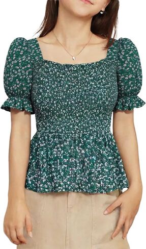 Seechoslo 2025 Tween Girls’ Cute Short Sleeve Square Neck Smocked Elastic Short Sleeve Woven Shirt Top in Kuwait