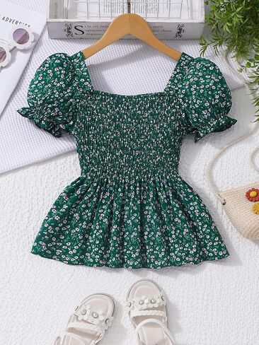 Seechoslo 2025 Tween Girls’ Cute Short Sleeve Square Neck Smocked Elastic Short Sleeve Woven Shirt Top in Kuwait