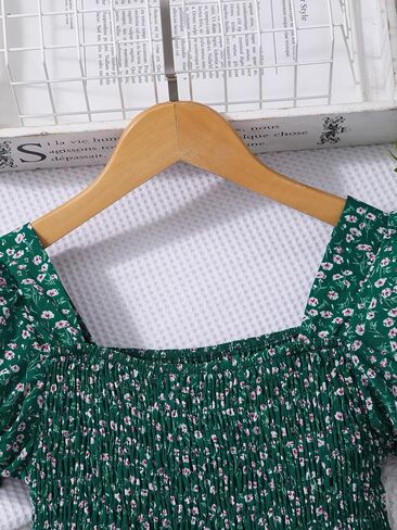 Seechoslo 2025 Tween Girls’ Cute Short Sleeve Square Neck Smocked Elastic Short Sleeve Woven Shirt Top in Kuwait