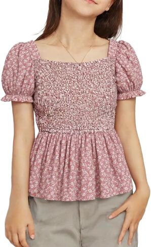 Seechoslo 2025 Tween Girls’ Cute Short Sleeve Square Neck Smocked Elastic Short Sleeve Woven Shirt Top in Kuwait