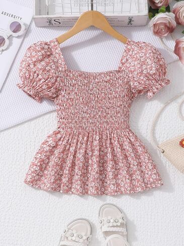 Seechoslo 2025 Tween Girls’ Cute Short Sleeve Square Neck Smocked Elastic Short Sleeve Woven Shirt Top in Kuwait