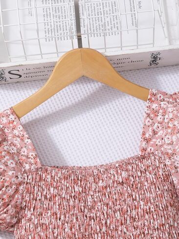Seechoslo 2025 Tween Girls’ Cute Short Sleeve Square Neck Smocked Elastic Short Sleeve Woven Shirt Top in Kuwait