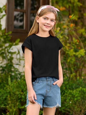 Haloumoning Girls Summer Cap Sleeve Shirts Kids Casual Cute Crewneck Tunic Tops Tees 5-14 Years in Kuwait