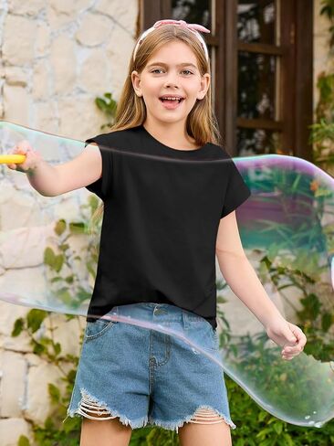 Haloumoning Girls Summer Cap Sleeve Shirts Kids Casual Cute Crewneck Tunic Tops Tees 5-14 Years in Kuwait