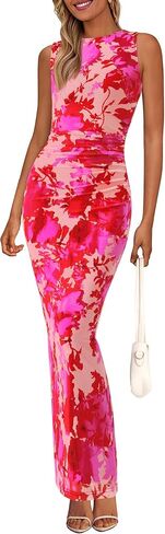 PRETTYGARDEN Wedding Guest Dresses for Women 2025 Summer Spring Floral Bodycon Sleeveless Mesh Maxi Long Dress in Saudi Arabia
