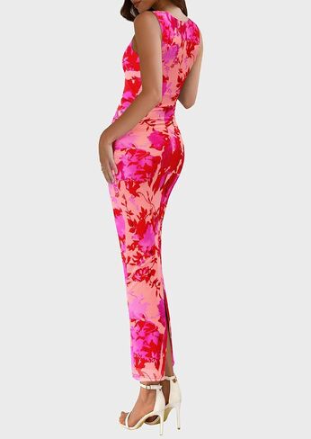 PRETTYGARDEN Wedding Guest Dresses for Women 2025 Summer Spring Floral Bodycon Sleeveless Mesh Maxi Long Dress in Saudi Arabia