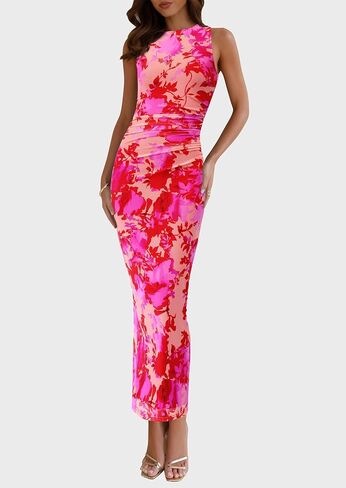 PRETTYGARDEN Wedding Guest Dresses for Women 2025 Summer Spring Floral Bodycon Sleeveless Mesh Maxi Long Dress in Saudi Arabia