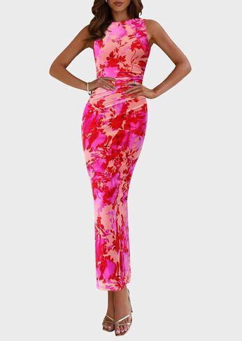 PRETTYGARDEN Wedding Guest Dresses for Women 2025 Summer Spring Floral Bodycon Sleeveless Mesh Maxi Long Dress in Saudi Arabia