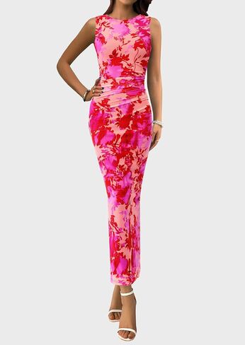 PRETTYGARDEN Wedding Guest Dresses for Women 2025 Summer Spring Floral Bodycon Sleeveless Mesh Maxi Long Dress in Saudi Arabia