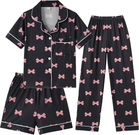 Girls Pajamas Short Sleeve Long Pants and Shorts 3 Piece Sleepwear Button Down Outfit with Pockets Loung Sets in Kuwait
