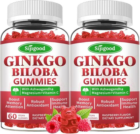 2 Pack Ginkgo Biloba Gummies مع Panax Ginseng والمغنيسيوم ، مكملات Ginkgo Biloba للتركيز والذاكرة وصحة الدماغ للبالغين والأطفال ، نكهة التوت النباتي ، 120 COUNT in Kuwait