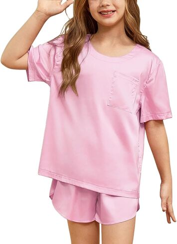 QPANCY Silk Pajamas for Girls 2 Piece Short Sleeve Loungewear Kids Satin Pajamas Sets in Saudi Arabia