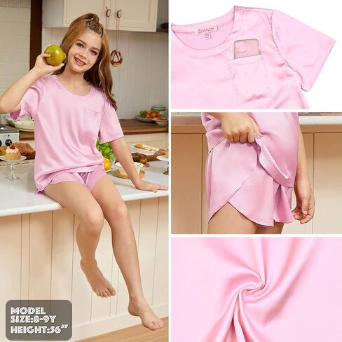 QPANCY Silk Pajamas for Girls 2 Piece Short Sleeve Loungewear Kids Satin Pajamas Sets in Saudi Arabia