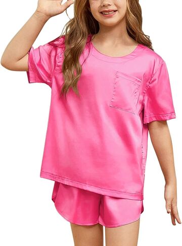 QPANCY Silk Pajamas for Girls 2 Piece Short Sleeve Loungewear Kids Satin Pajamas Sets in Saudi Arabia