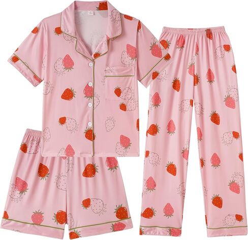 Girls Pajamas Short Sleeve Long Pants and Shorts 3 Piece Sleepwear Button Down Outfit with Pockets Loung Sets in Kuwait