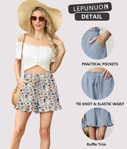Lepunuo Womens Casual High Waisted Wide Leg Shorts Drawstring Cute Casual Summer Beach Shorts with Pockets in Kuwait