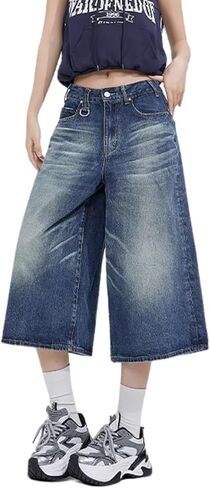 Baggy Wide Leg Cropped Jeans for Women Men Low Waist Jorts Y2k Casual Denim Pants Grunge Summer Clothes. in Kuwait