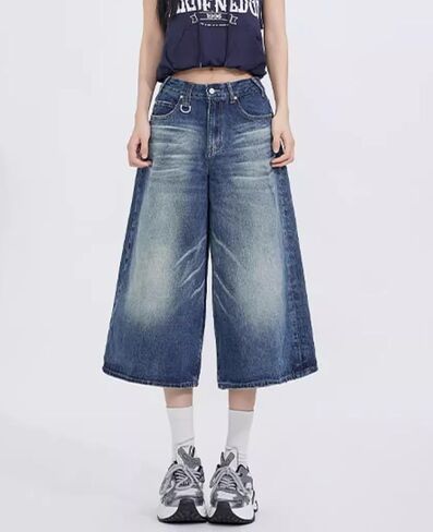Baggy Wide Leg Cropped Jeans for Women Men Low Waist Jorts Y2k Casual Denim Pants Grunge Summer Clothes. in Kuwait