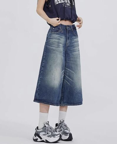 Baggy Wide Leg Cropped Jeans for Women Men Low Waist Jorts Y2k Casual Denim Pants Grunge Summer Clothes. in Kuwait