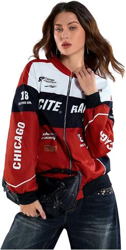 SOLY HUX Women's Bomber Jacket Long Sleeve Zip Up Racing Jackets Color Block Y2k Outerwear Vintage Streetwear in Saudi Arabia