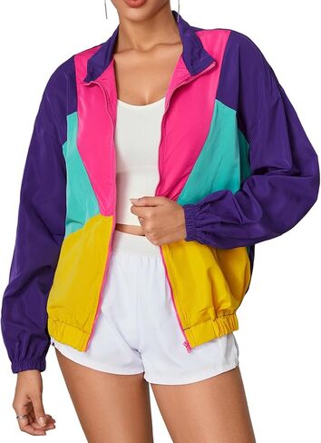 WDIRARA Women's Color Block Zip Up Lightweight Jacket Patchwork Sporty Windbreaker Jacket in Kuwait