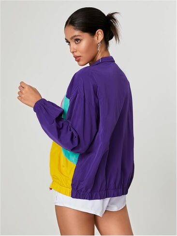WDIRARA Women's Color Block Zip Up Lightweight Jacket Patchwork Sporty Windbreaker Jacket in Kuwait
