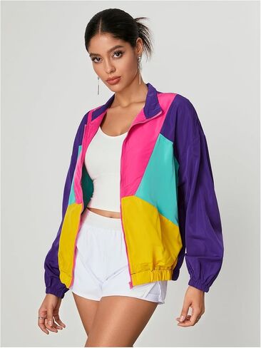 WDIRARA Women's Color Block Zip Up Lightweight Jacket Patchwork Sporty Windbreaker Jacket in Kuwait