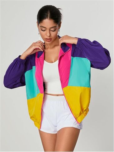 WDIRARA Women's Color Block Zip Up Lightweight Jacket Patchwork Sporty Windbreaker Jacket in Kuwait