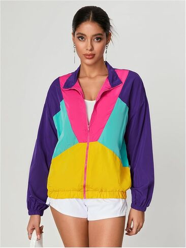 WDIRARA Women's Color Block Zip Up Lightweight Jacket Patchwork Sporty Windbreaker Jacket in Kuwait