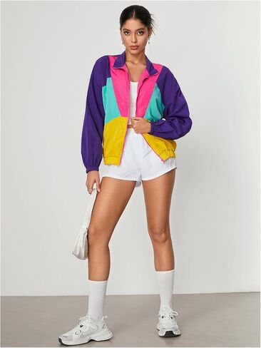 WDIRARA Women's Color Block Zip Up Lightweight Jacket Patchwork Sporty Windbreaker Jacket in Kuwait
