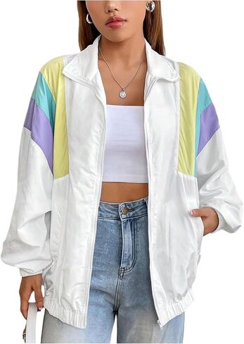 WDIRARA Women's Color Block Zip Up Lightweight Jacket Patchwork Sporty Windbreaker Jacket in Kuwait