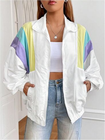 WDIRARA Women's Color Block Zip Up Lightweight Jacket Patchwork Sporty Windbreaker Jacket in Kuwait