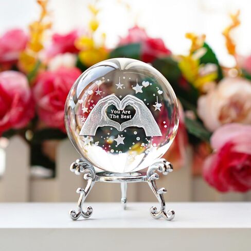 hdcrystalgifts 3d محفورا الفطر الكريستال الكرة ثقالة الورق - 60mm الكرة الزخرفية الزجاجية مع حامل معدني فضي، فن الزجاج كامل المجال الحرفية ديكور المنزل الجدول، 2.3 بوصة in Kuwait