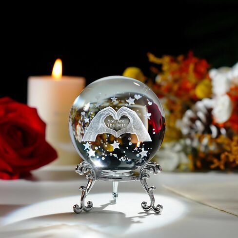 hdcrystalgifts 3d محفورا الفطر الكريستال الكرة ثقالة الورق - 60mm الكرة الزخرفية الزجاجية مع حامل معدني فضي، فن الزجاج كامل المجال الحرفية ديكور المنزل الجدول، 2.3 بوصة in Kuwait