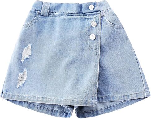 Girls' 6-14Y Button-Front Denim Skort | Ripped Destroyed Design | Summer Short for Tween & Teen in Saudi Arabia