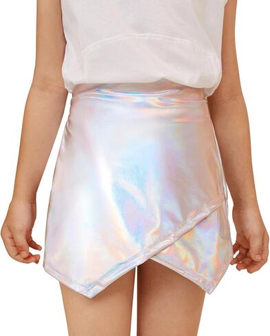 Perfashion Girls Metallic Skort High Waisted Stretchy Metallic Wrap Skirt Shorts Trendy Asymmetrical Skort 4-13Y in Kuwait