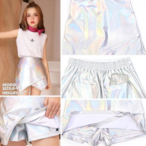 Perfashion Girls Metallic Skort High Waisted Stretchy Metallic Wrap Skirt Shorts Trendy Asymmetrical Skort 4-13Y in Kuwait