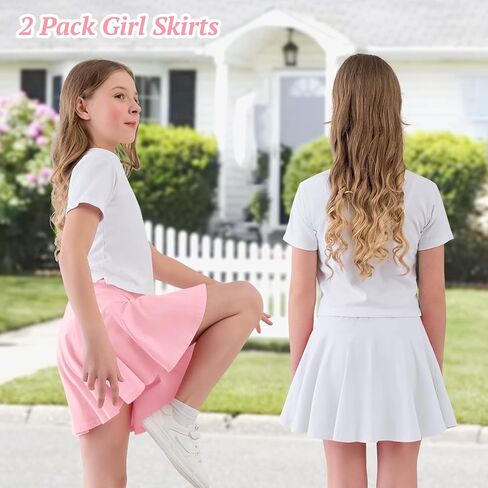2 Pack Little Girls Tennis Skirt Skorts Built in Shorts Toddler Flowy Athletic Skirts Skorts for Girls with Pockets in Kuwait