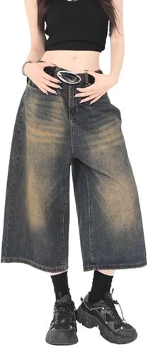 Baggy Wide Leg Cropped Jeans for Women Men Low Waist Jorts Y2k Casual Denim Pants Grunge Summer Clothes. in Kuwait