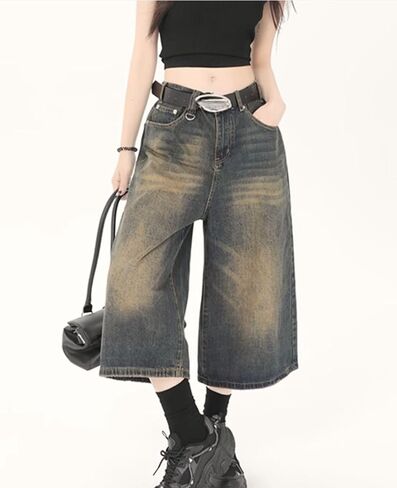 Baggy Wide Leg Cropped Jeans for Women Men Low Waist Jorts Y2k Casual Denim Pants Grunge Summer Clothes. in Kuwait