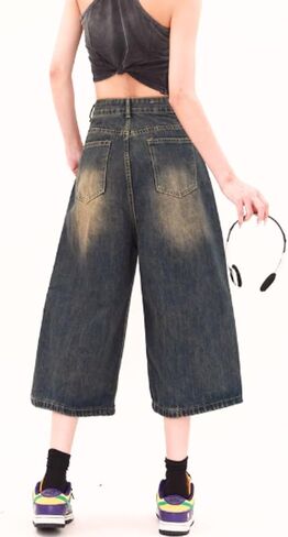 Baggy Wide Leg Cropped Jeans for Women Men Low Waist Jorts Y2k Casual Denim Pants Grunge Summer Clothes. in Kuwait